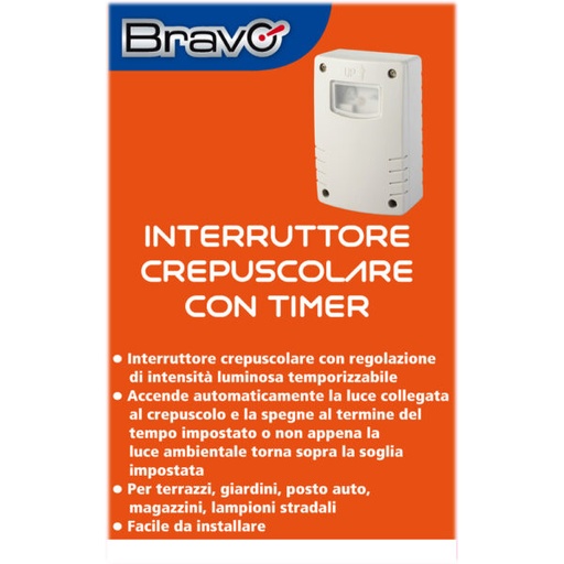 [BRINTERTIMER] SENSORE CREPUSCOLARE BRAVO CON TIMER MODELLO INTERRUTTORE CREPUSCOLARE CON TIMER DA ESTERNO SI COLLEGA QUANDO LA LUCE AMBIENTE SCENDE CON TIMER DI SPEGNIMENTO 