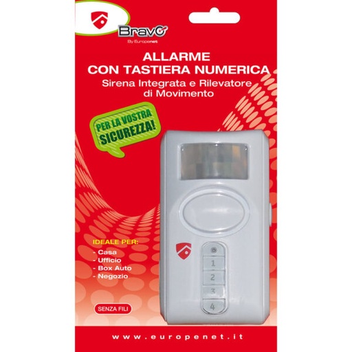 [BRALLARMETEL] ALLARME BRAVO MODELLO ALLARMETEL CON SENSORE DI MOVIMENTO AD INFRAROSSI E TASTIERA NUMERICA 